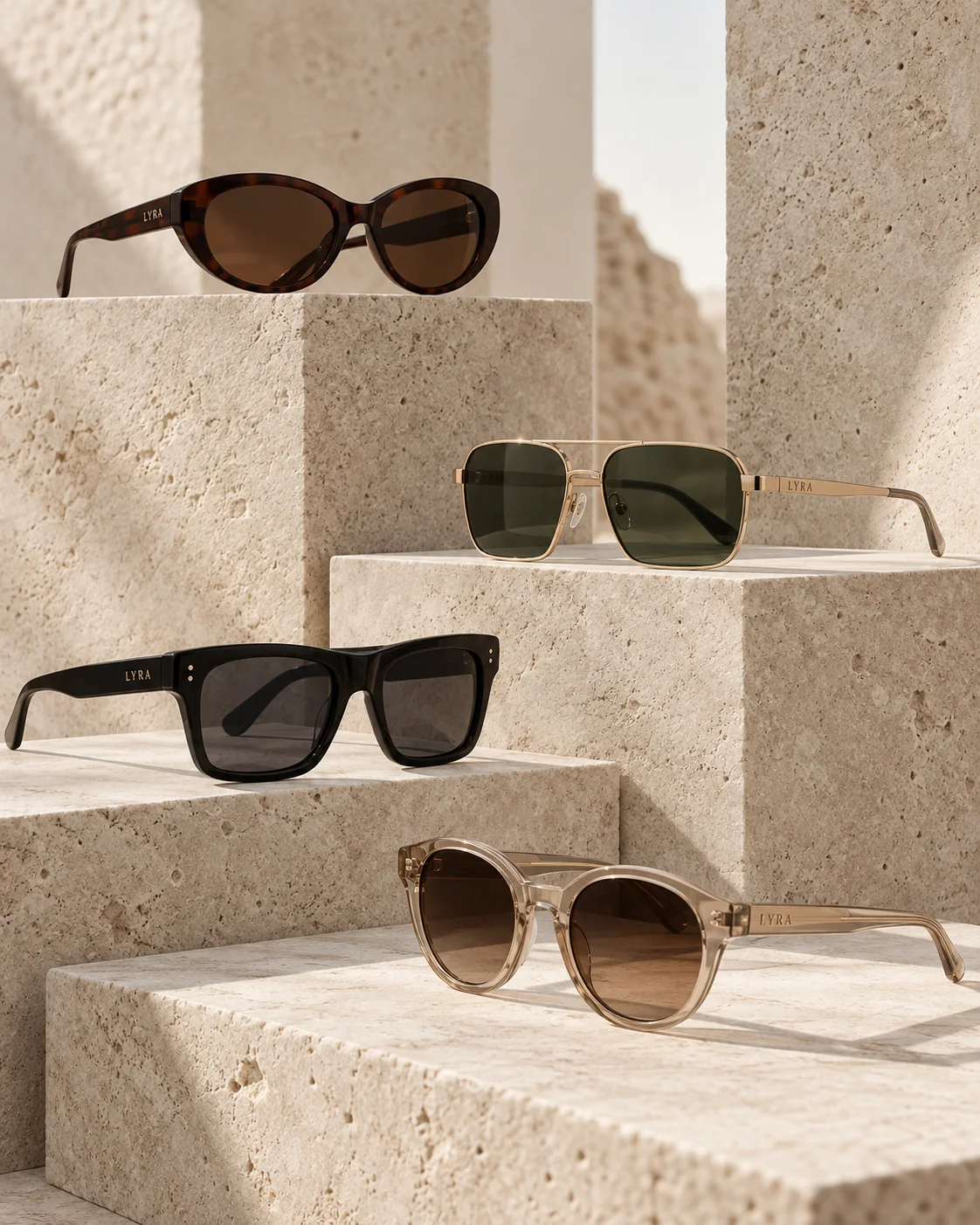 Colección conceptual de lentes LYRA sobre bloques de piedra clara